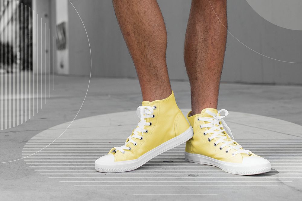 Men&rsquo;s ankle sneakers mockup psd yellow street style apparel shoot
