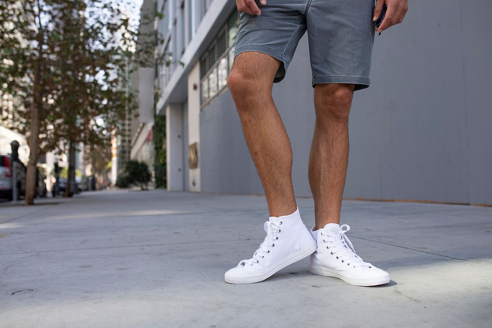 Men&rsquo;s ankle sneakers mockup psd white street style apparel shoot