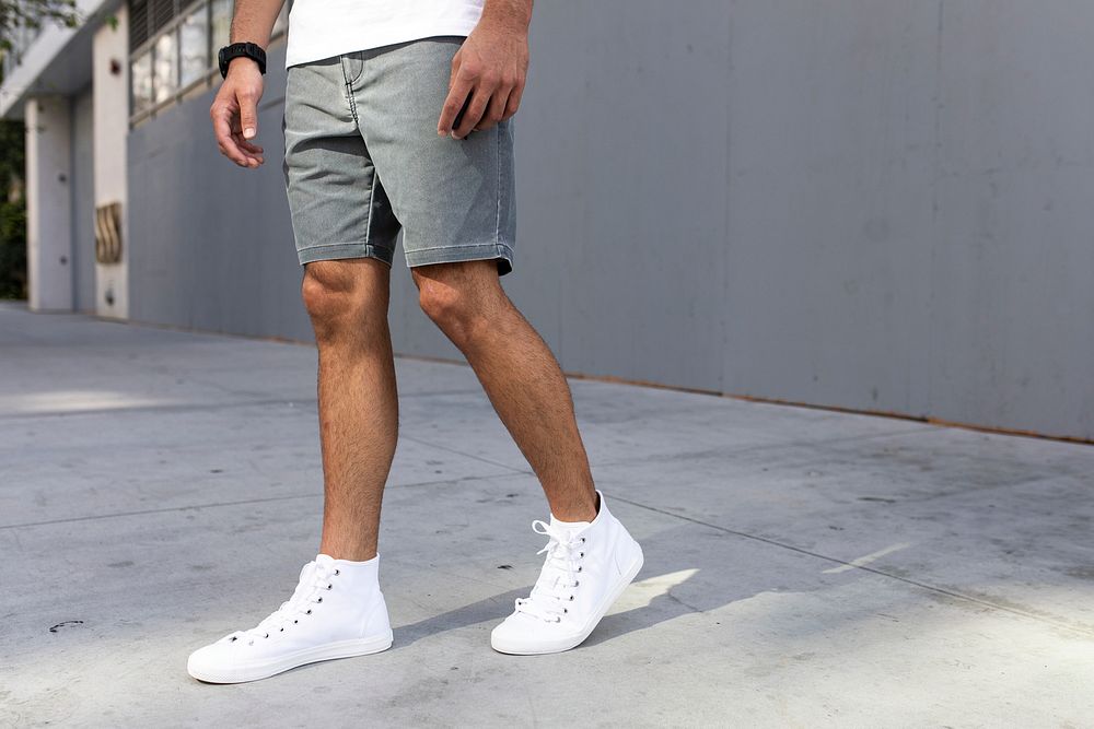 Men&rsquo;s ankle sneakers mockup psd white street style apparel shoot