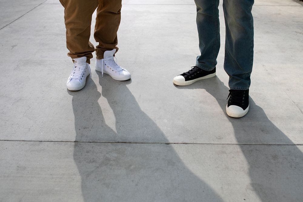 Men&rsquo;s ankle sneakers white and black street style apparel shoot
