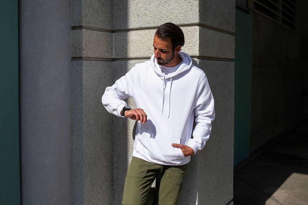 White trendy hoodie mockup psd street style menswear fashion shoot