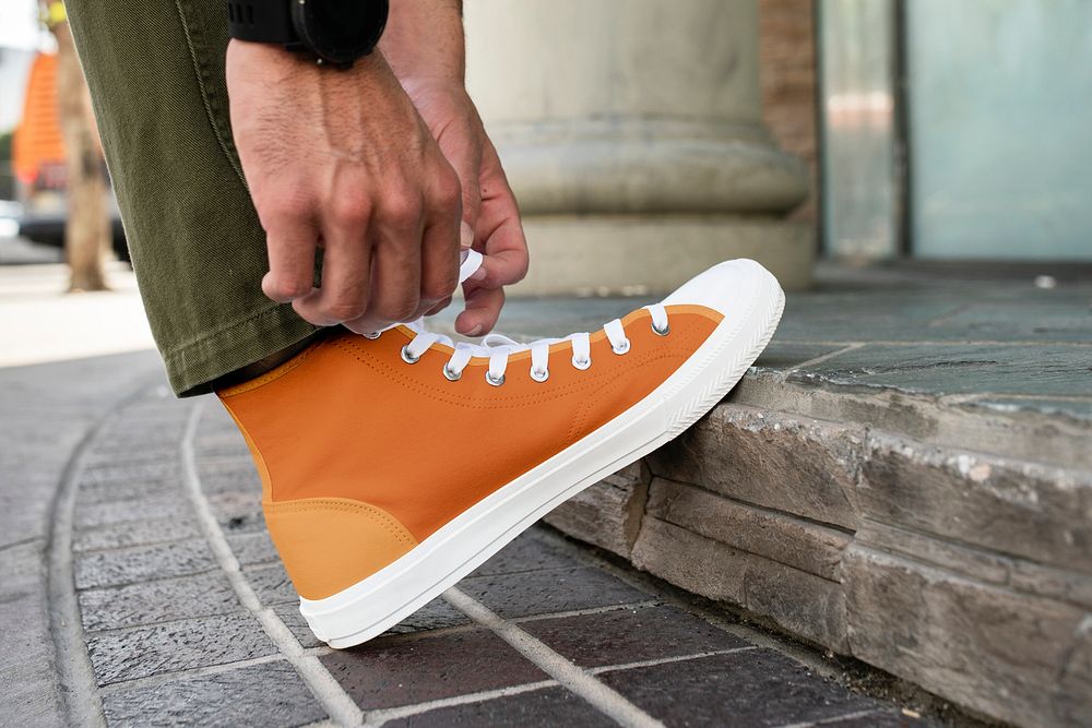 Men&rsquo;s ankle sneakers mockup psd orange street style apparel shoot