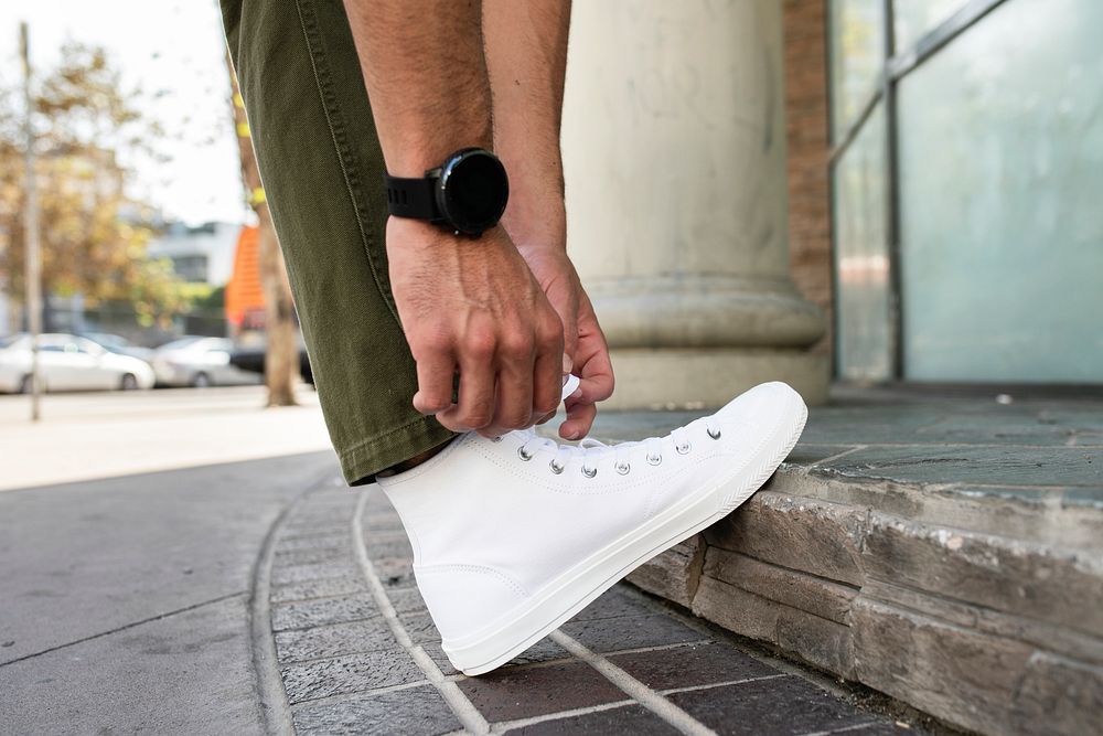 Men&rsquo;s ankle sneakers white street style apparel shoot