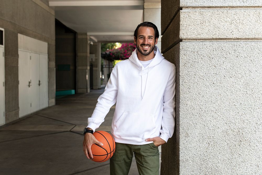 White hoodie on a man with basketball