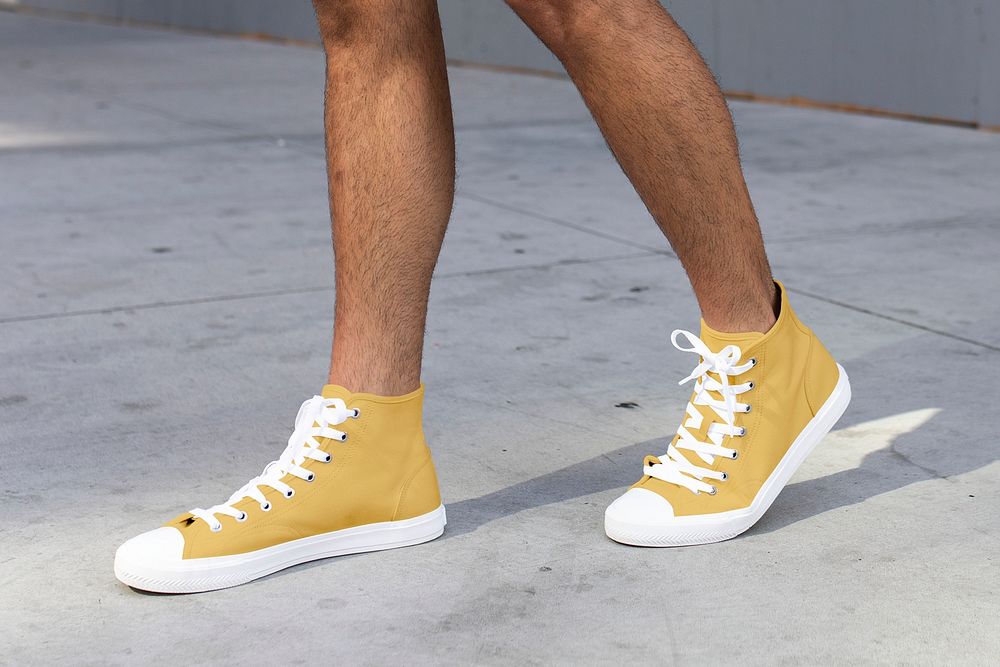 Men’s ankle sneakers mockup psd yellow street style apparel shoot