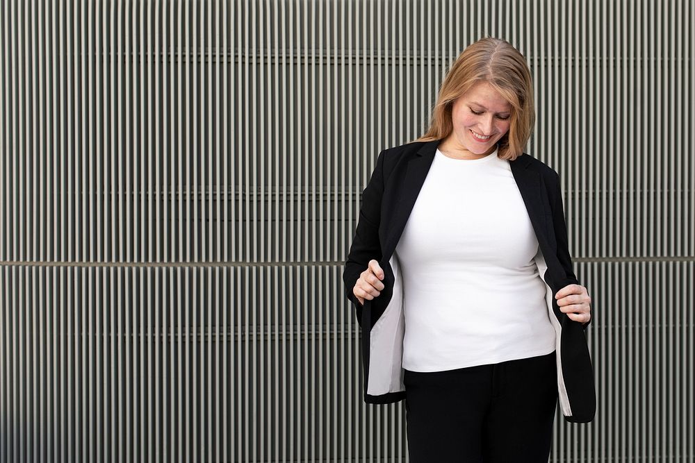 White t-shirt apparel plus size woman in black business suit