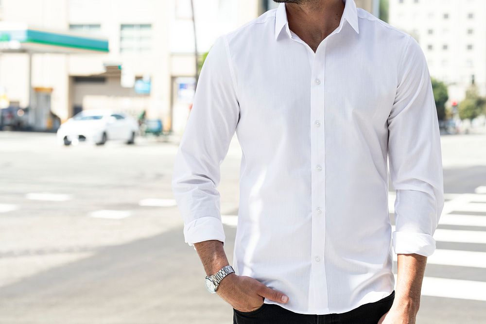 Business casual shirt white closeup outdoor photoshoot