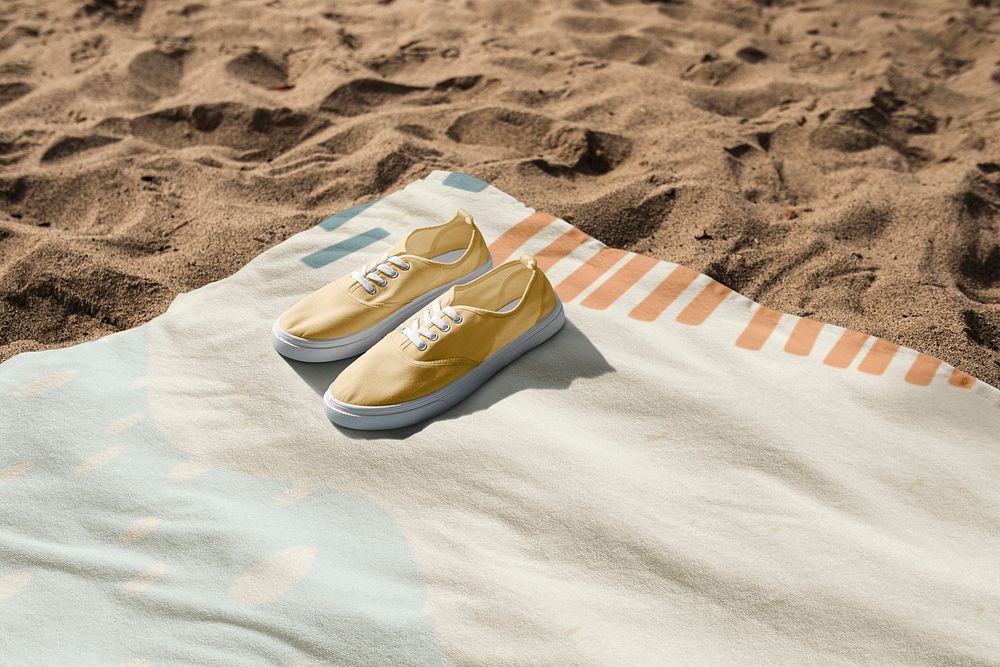 Simple sneakers mockup psd yellow on design beach towel apparel