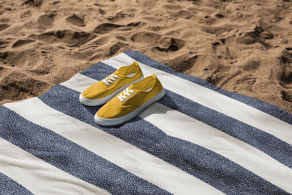 Simple sneakers mockup psd yellow on design beach towel apparel