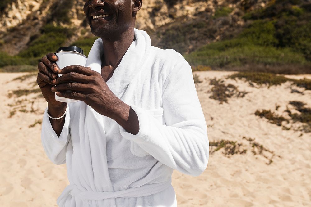 White bathrobe mockup psd men&rsquo;s beach apparel photoshoot