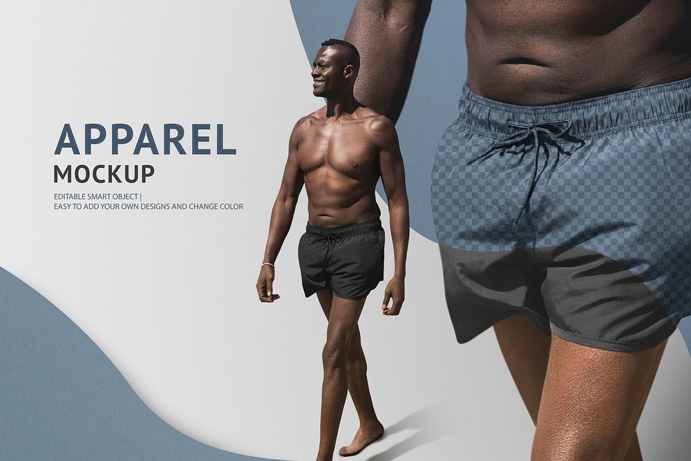 Editable swimwear mockups psd template man in boardshorts apparel ad