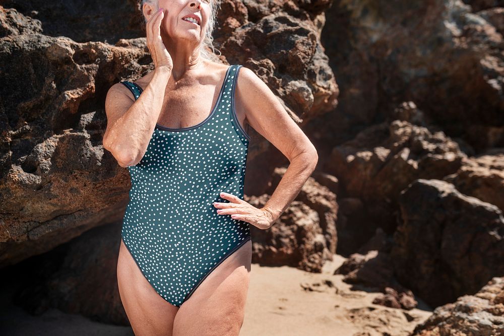 Printed one-piece swimsuit psd mockup senior women&rsquo;s beach fashion