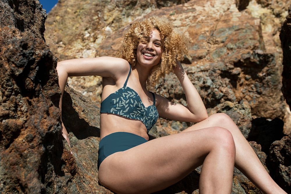 Women&rsquo;s bikini top psd mockup swimwear beach shoot