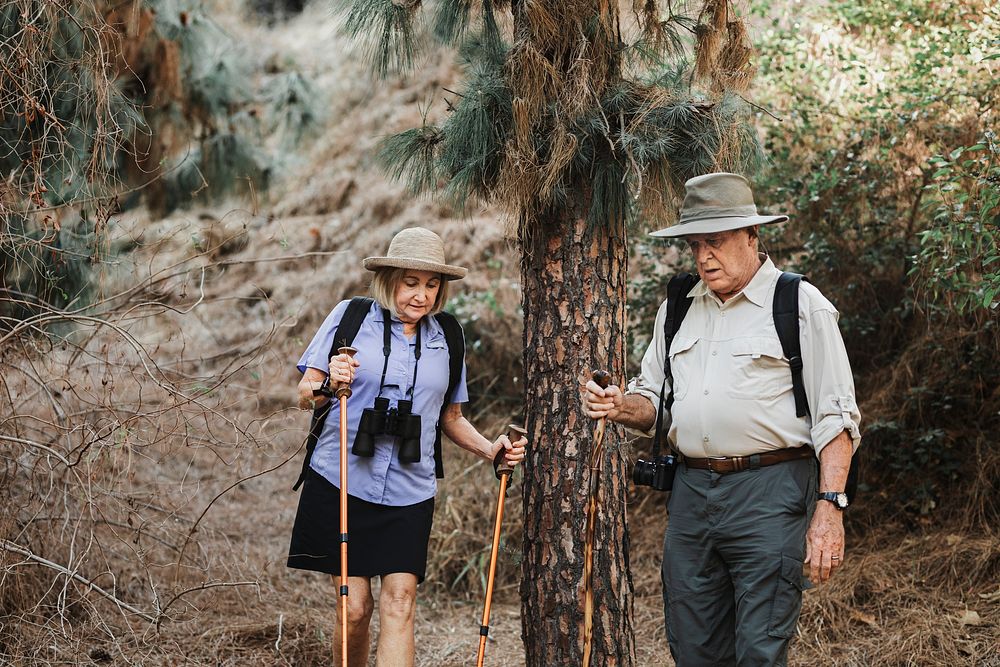 Active retired couple on a date in the forest