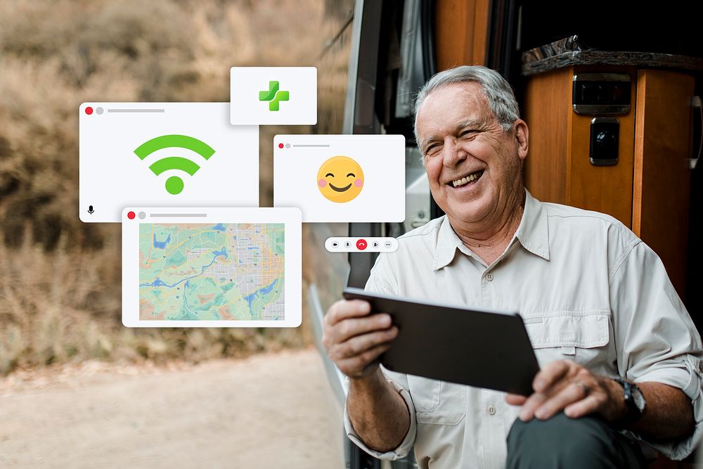 Senior man enjoying social media browsing on tablet