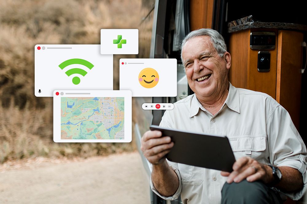 Senior man psd enjoying social media browsing on tablet