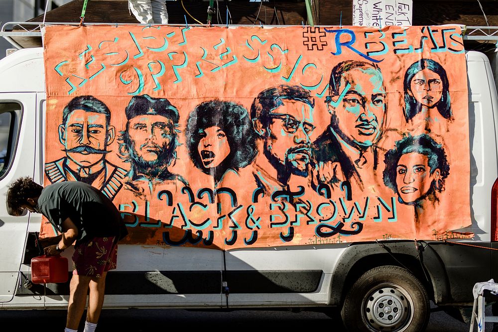 BLM banner on a van at a Black Lives Matter protest outside the Hall of Justice in Downtown Los Angeles. 15 JUL, 2020 - LOS…