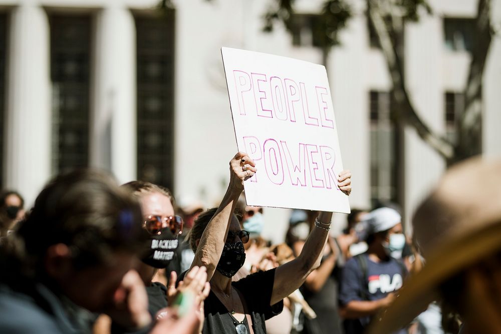 People power on a board at a Black Lives Matter protest outside the Hall of Justice in Downtown Los Angeles. 15 JUL, 2020 -…