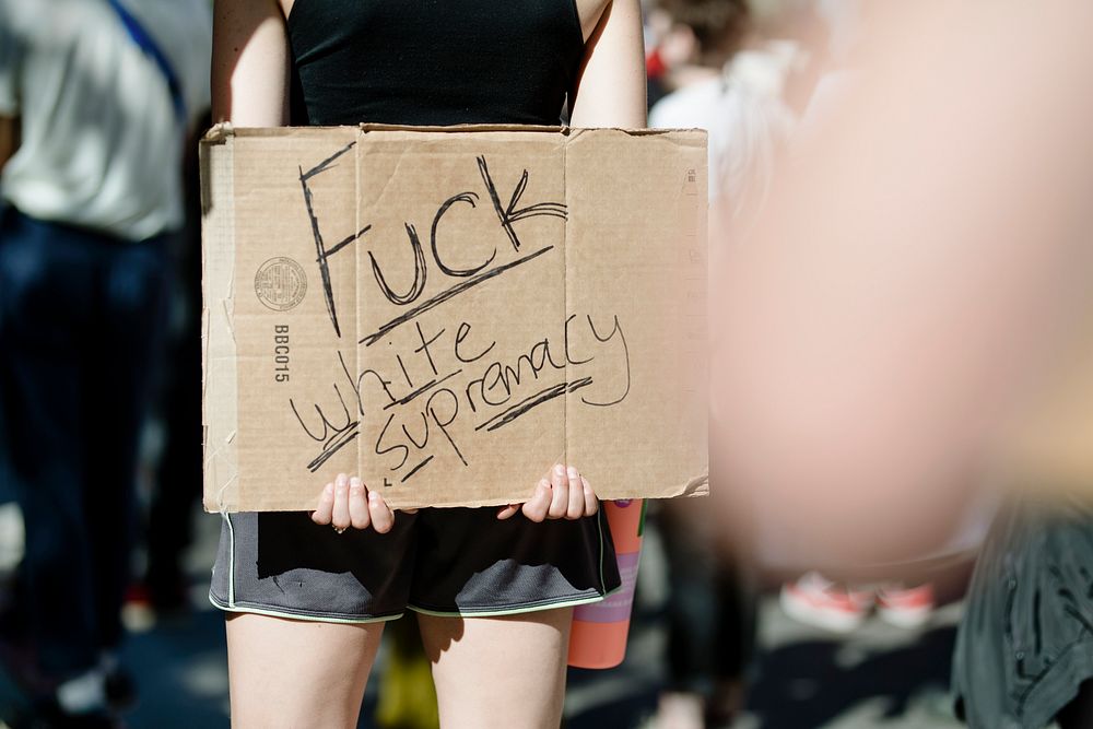 Fuck white supremacy on a cardboard at a Black Lives Matter protest outside the Hall of Justice in Downtown Los Angeles. 15…