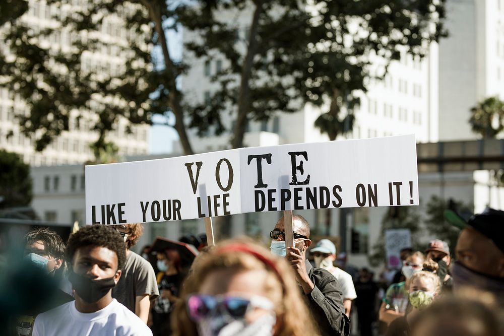 Vote like your life depends on it on a placard at a Black Lives Matter protest outside the Hall of Justice in Downtown Los…