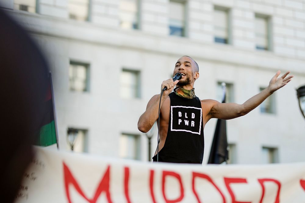 Black man giving a speech at a Black Lives Matter protest outside the Hall of Justice in Downtown Los Angeles. 15 JUL, 2020 …