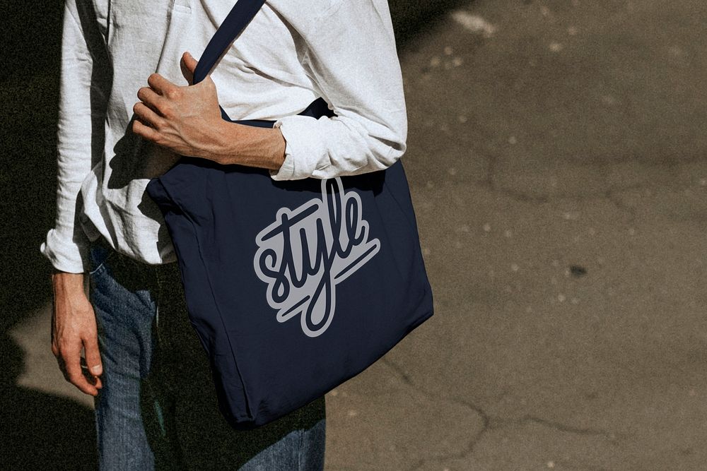 Casual man with white blue eco tote bag mockup