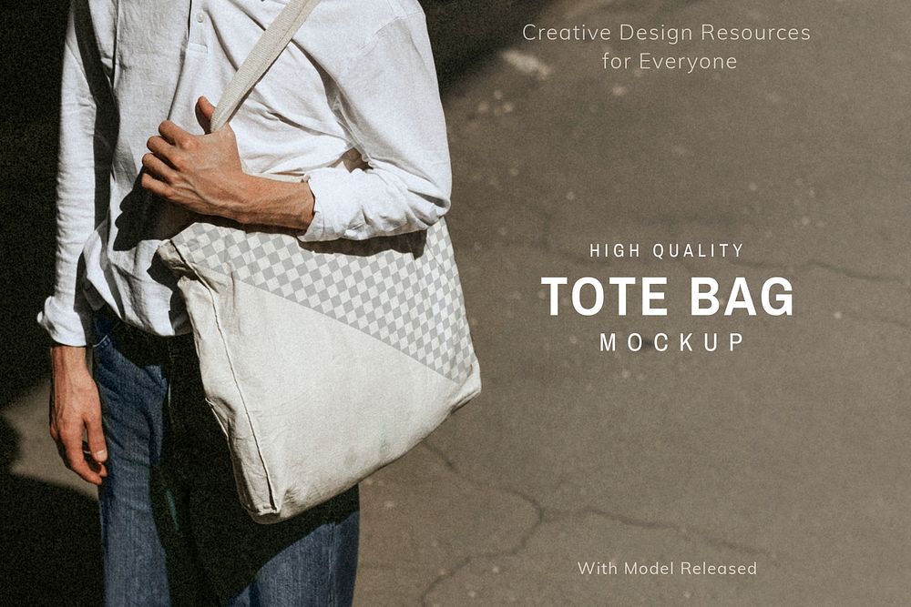 Casual man with white eco tote bag mockup