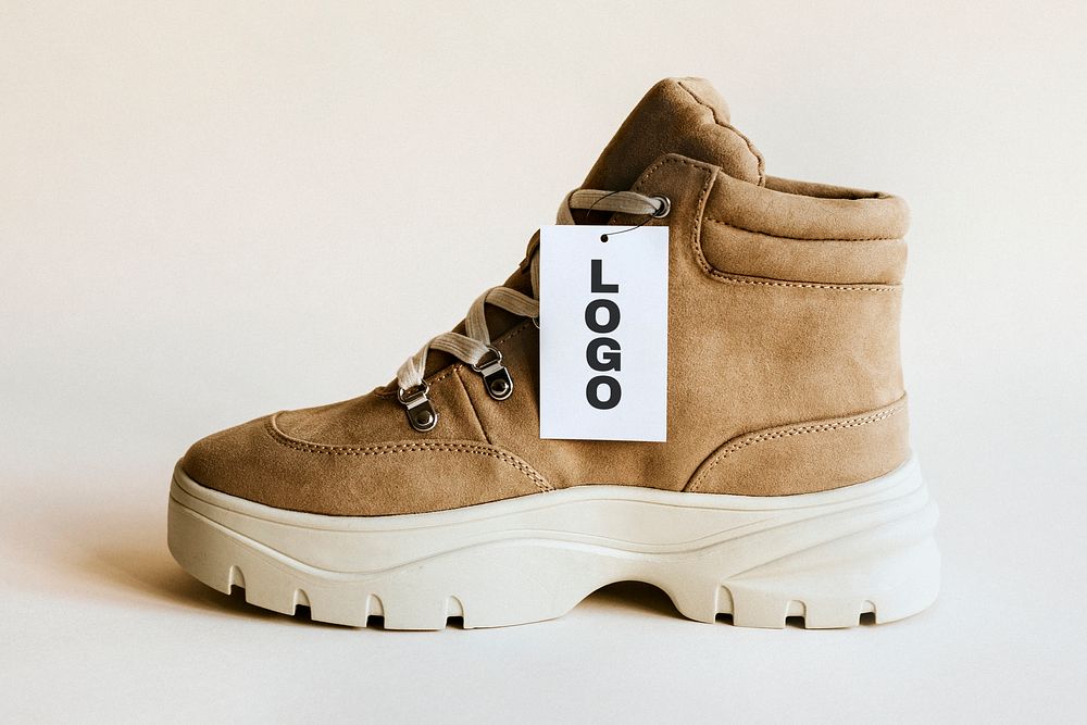 Psd label on brown suede high top sneakers mockup