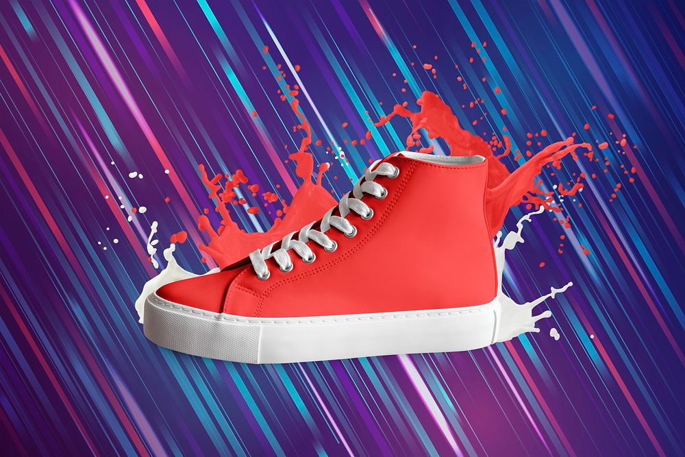 Red high top sneaker with colors splash