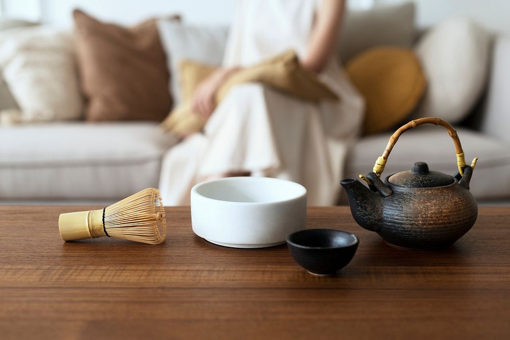 Matcha tea making tool set on wooden table