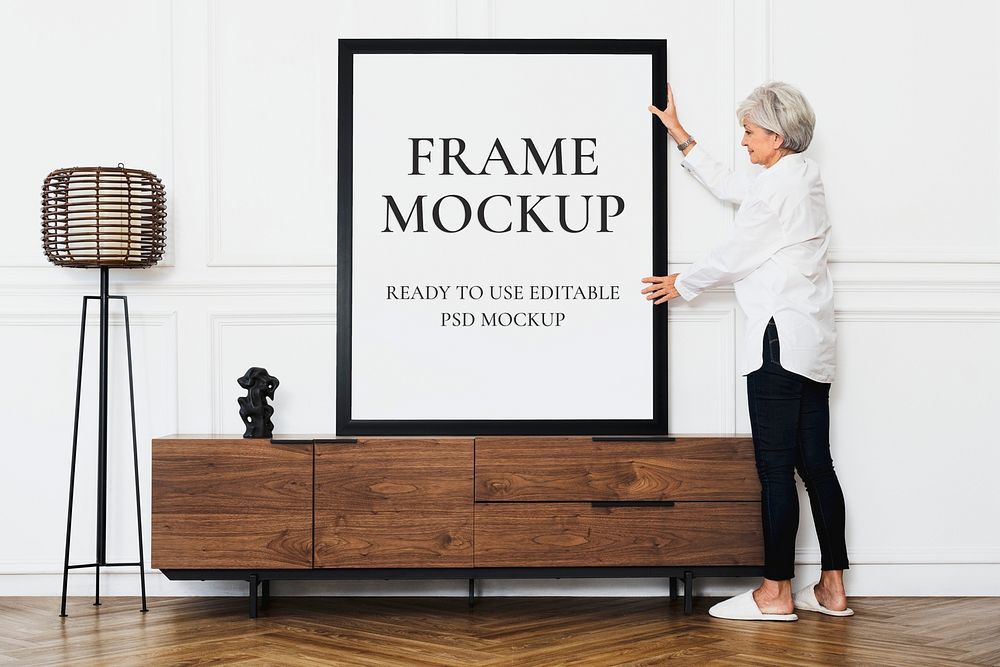 Frame mockup psd in a Scandinavian decor living room