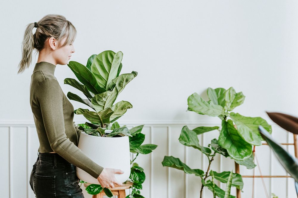 Happy woman carrying a houseplant