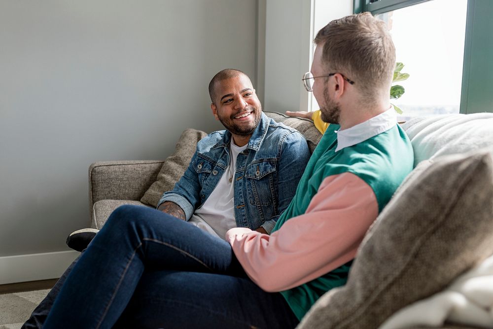 Happy gay couple image, sitting on a couch at home