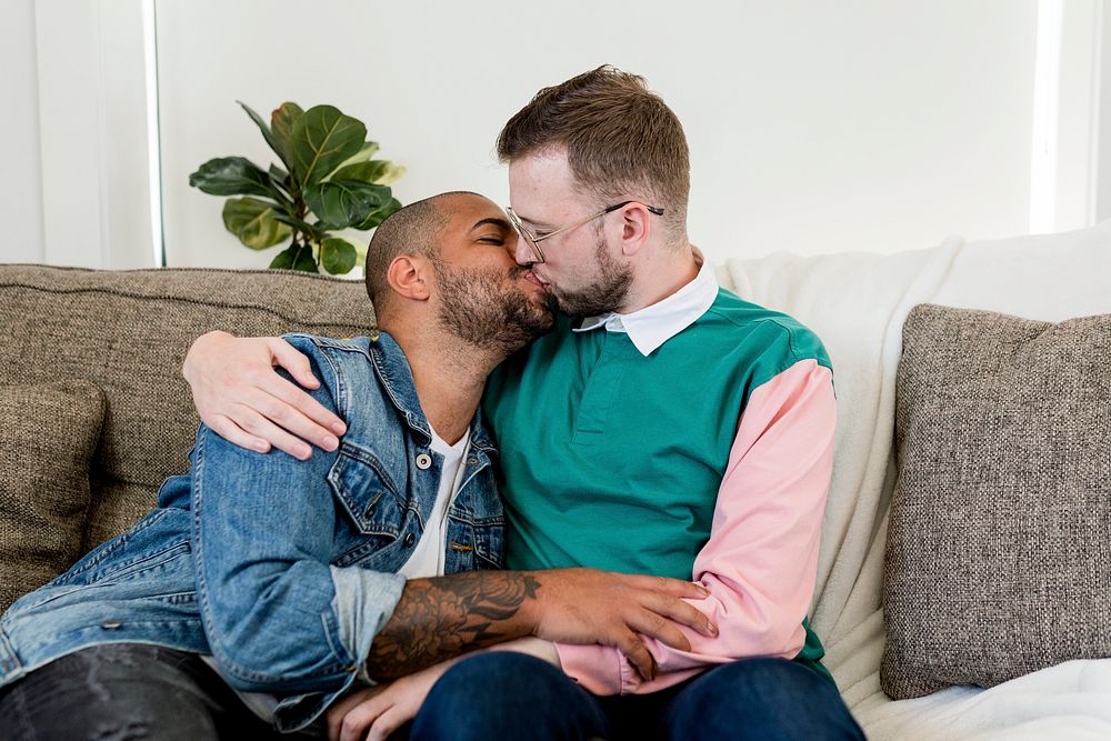 Married gay couple kissing on a couch at home stock image