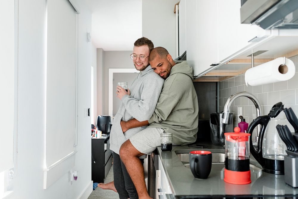 Gay couple having coffee, happy marriage HD photo