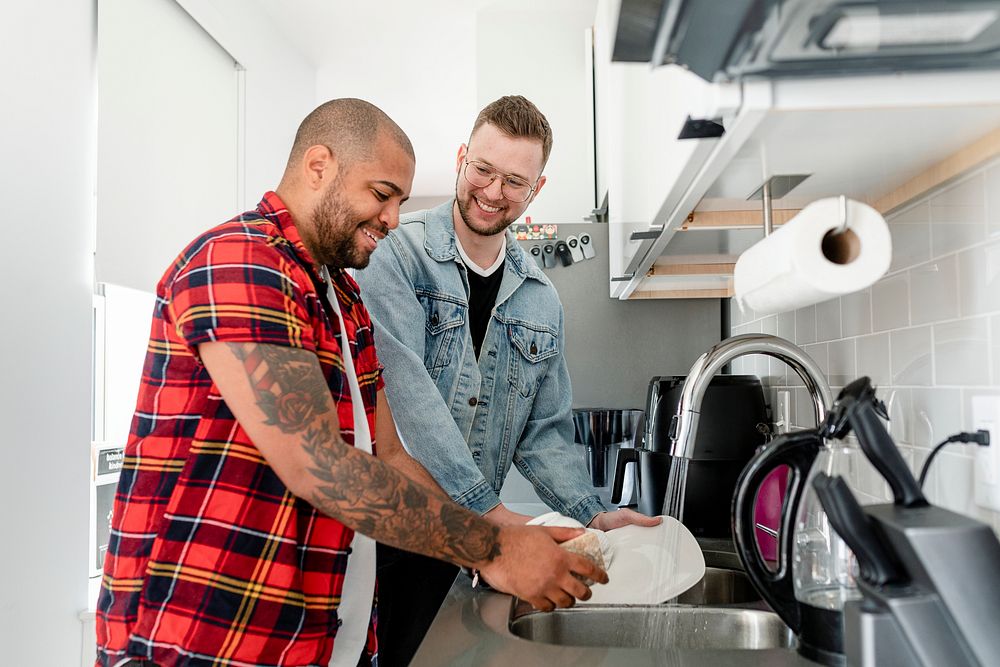 Gay couple washing dishes, happy marriage HD photo