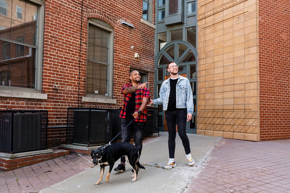 Gay couple walking dog in the city, lifestyle stock image