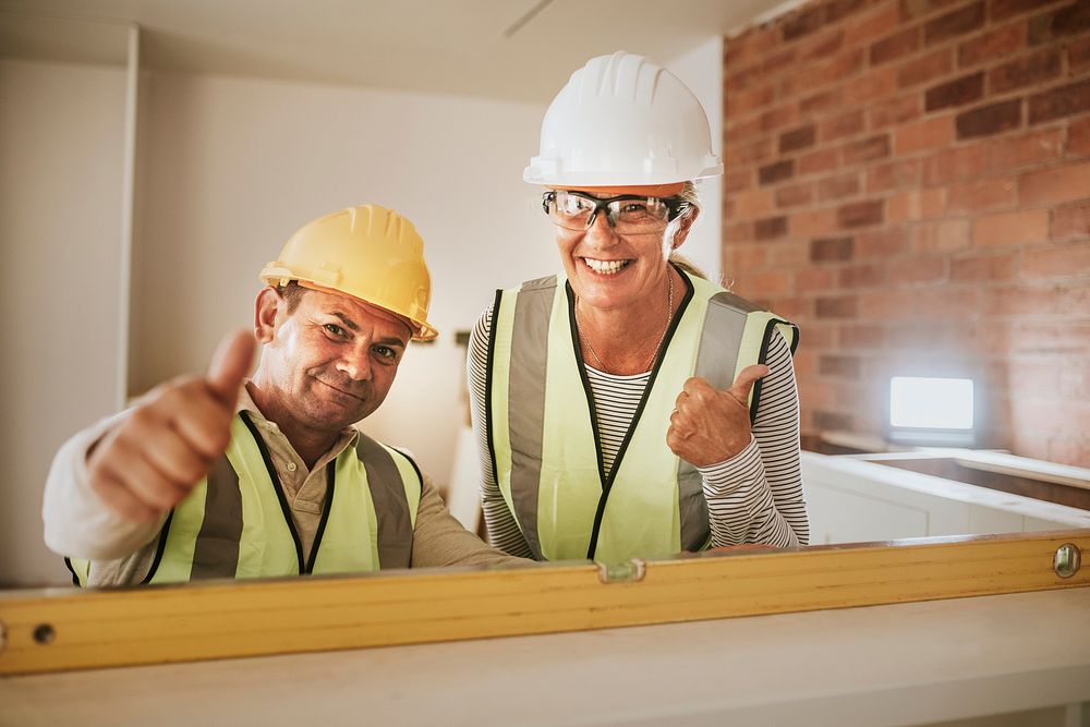 Thumbs up by contractor coworkers at a construction site