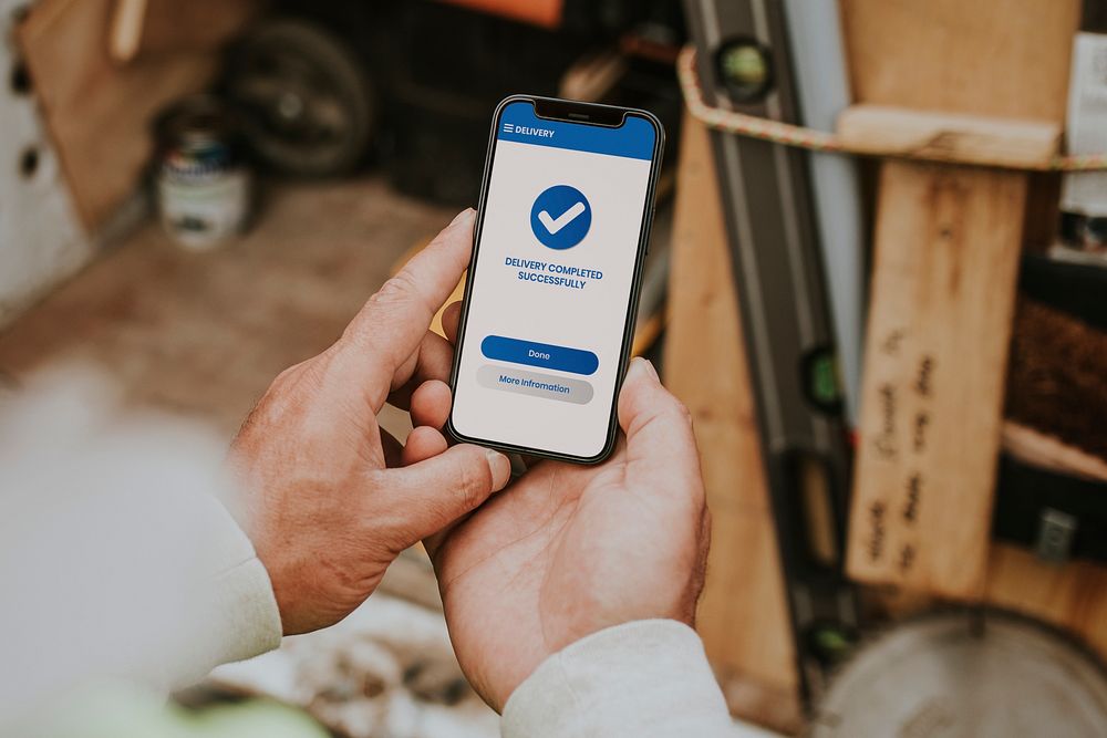 Smartphone screen mockup psd held by a middle aged man