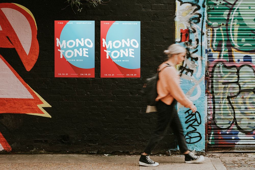Poster mockup psd  with a woman walking past