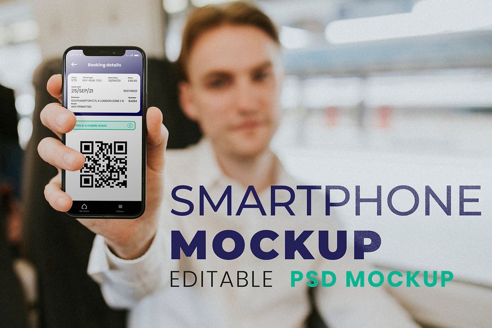 Smartphone mockup psd with application for booked ticket being shown by a man