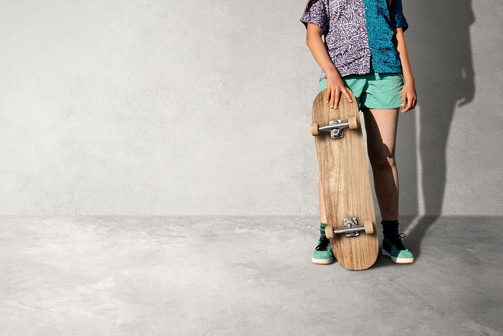 Skateboard mockup, teen girl skater background