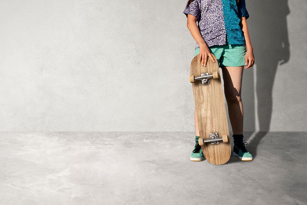 Skateboard background, teen girl skater with a blank space
