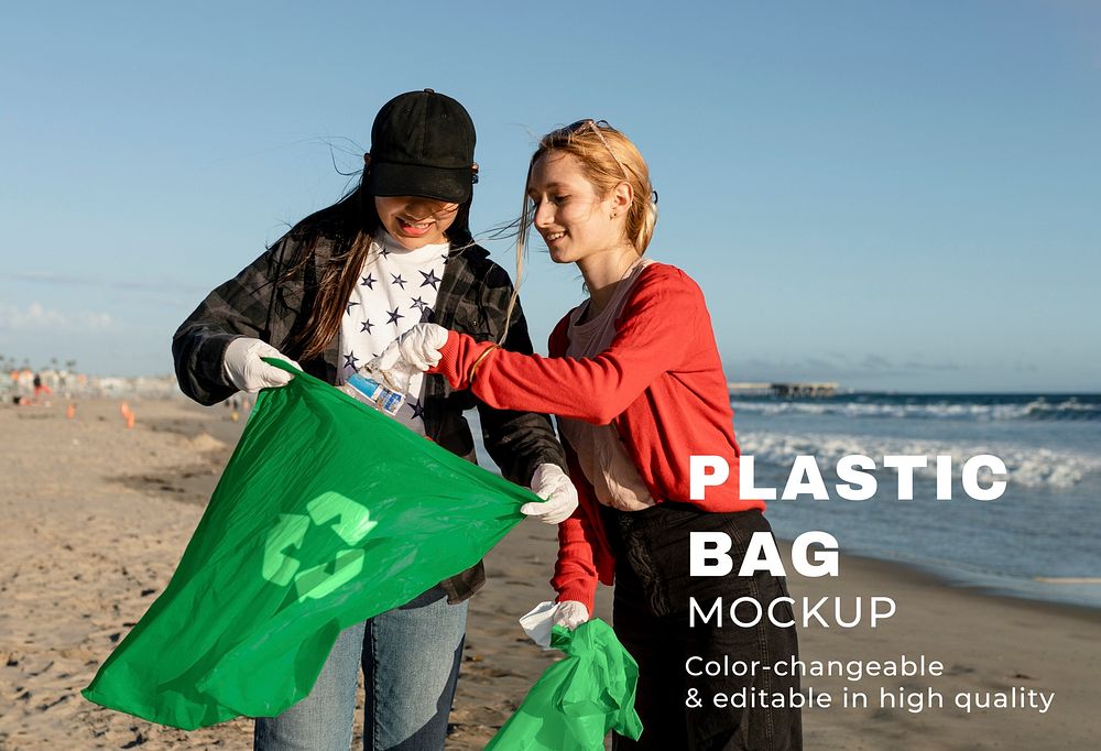 Plastic bag mockup psd, teenager beach clean up volunteering