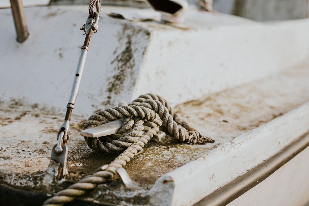Rope tied on an old sailboat closeup shot