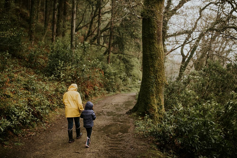 Mother walking with her daughter in the forest rear view