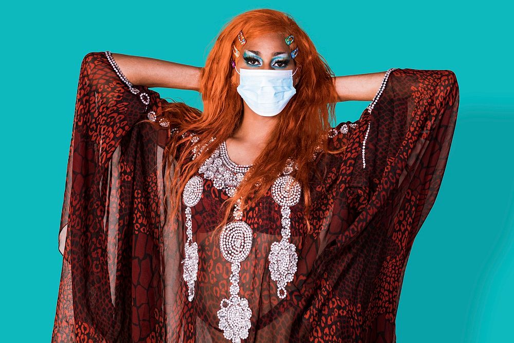Drag queen wearing color face mask in the new normal psd