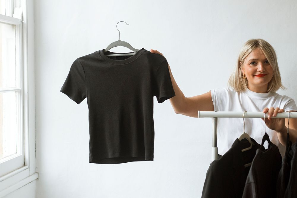 Women's fashion shop, black minimal t-shirt