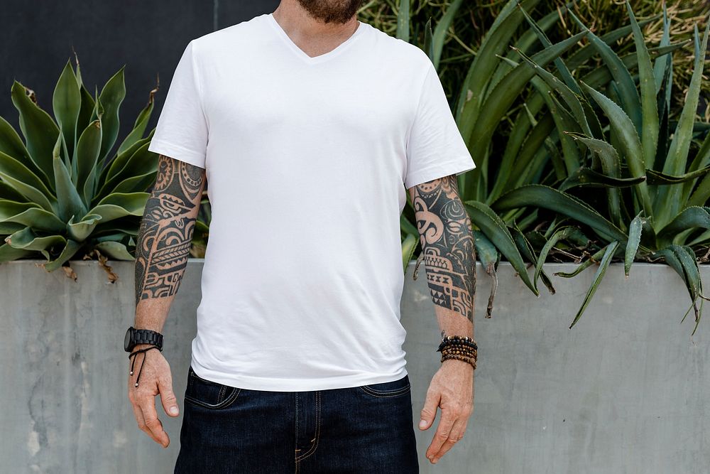 Bearded man in white tee, basic wear apparel fashion