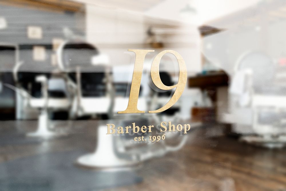 Barber shop sign mockup psd, blurred glass wall, small business design